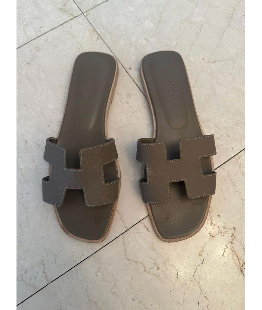 HERMES Коричневые кожаные шлепанцы, фото 4
