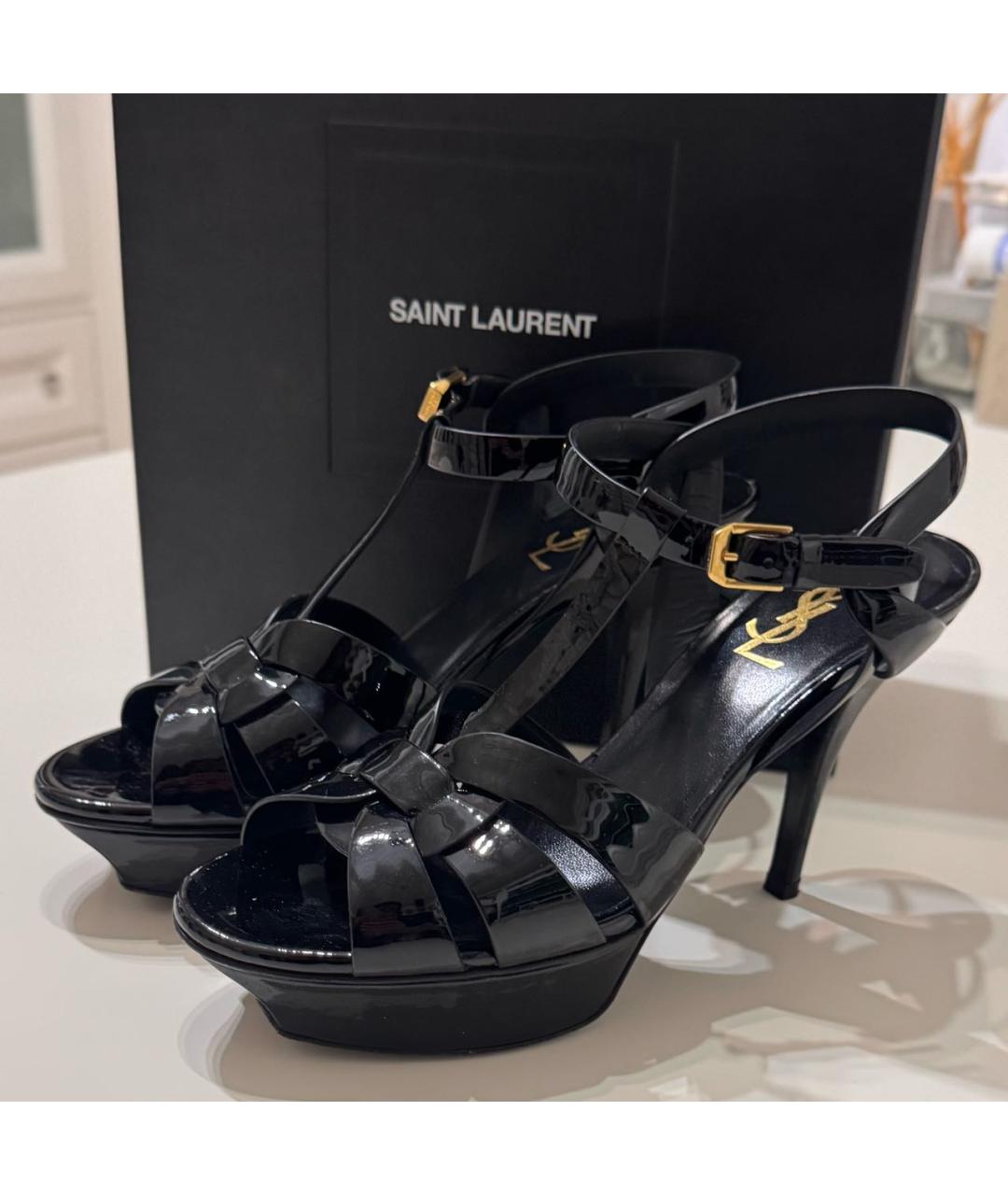SAINT LAURENT Черные босоножки из лакированной кожи, фото 5