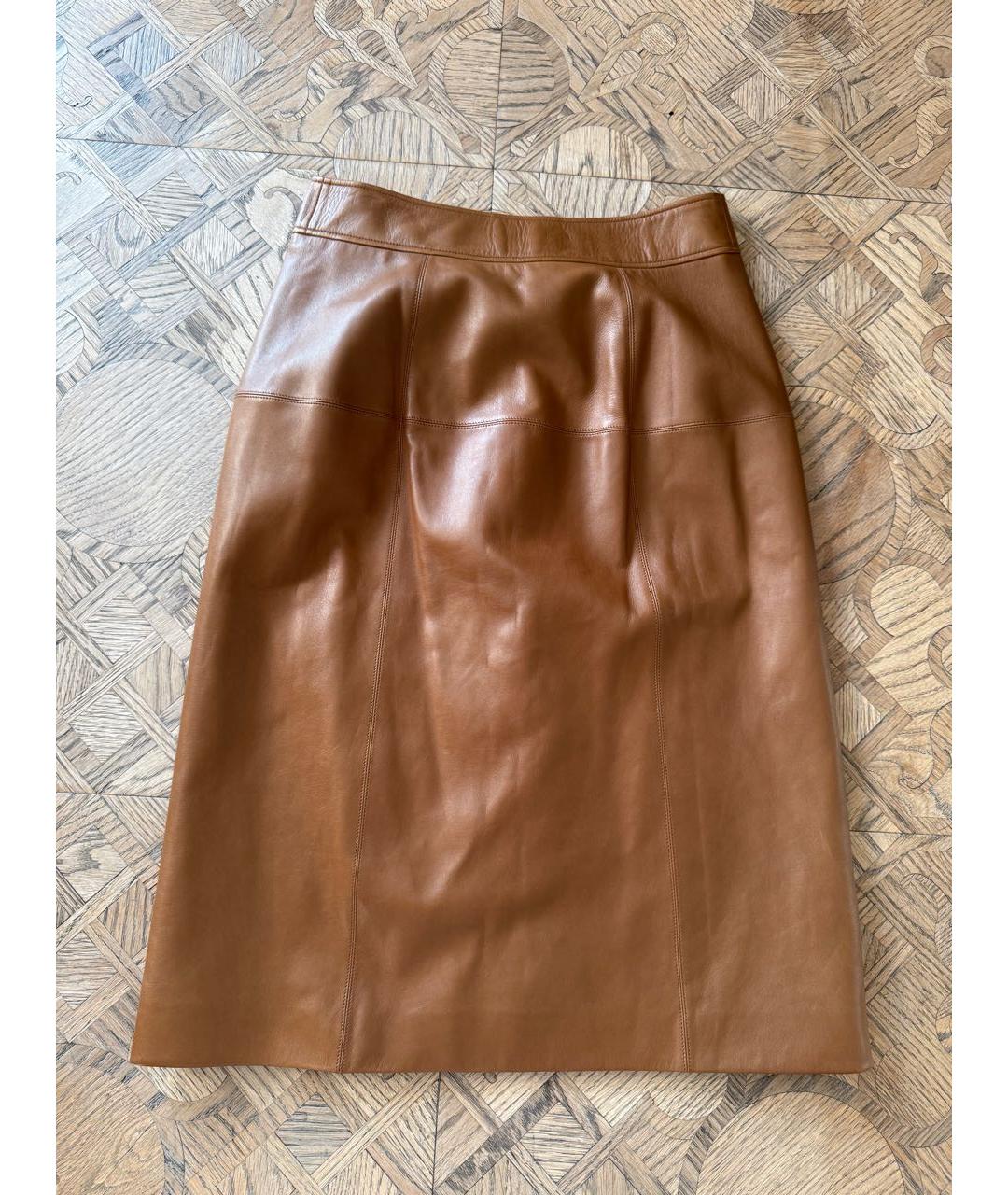 SAINT LAURENT Коричневая кожаная юбка миди, фото 2