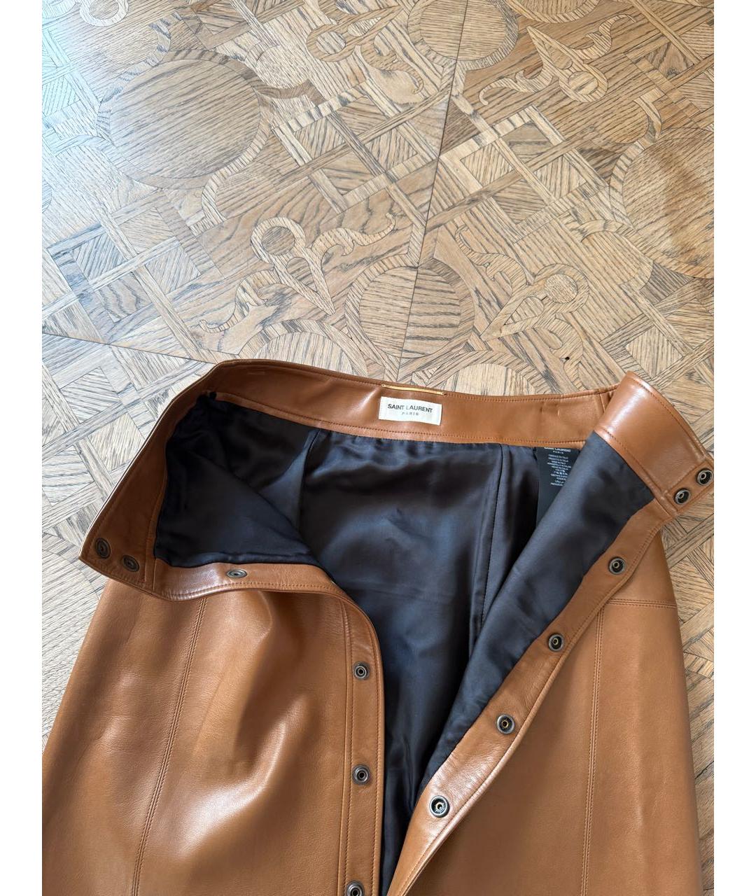 SAINT LAURENT Коричневая кожаная юбка миди, фото 3