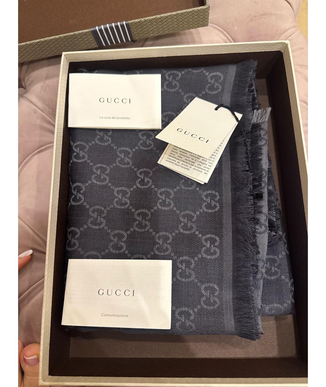 GUCCI Серый шерстяной шарф, фото 2