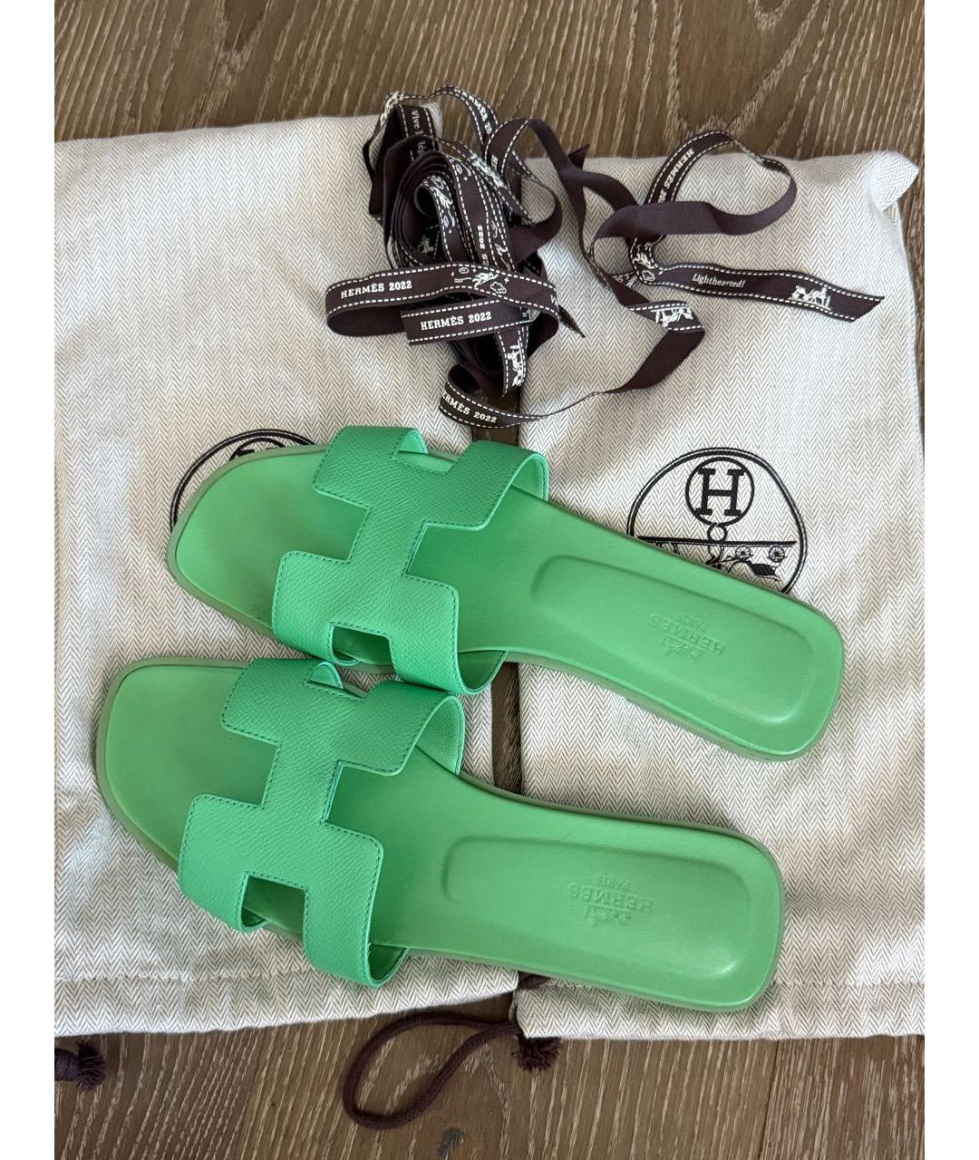 HERMES Зеленые кожаные шлепанцы, фото 5