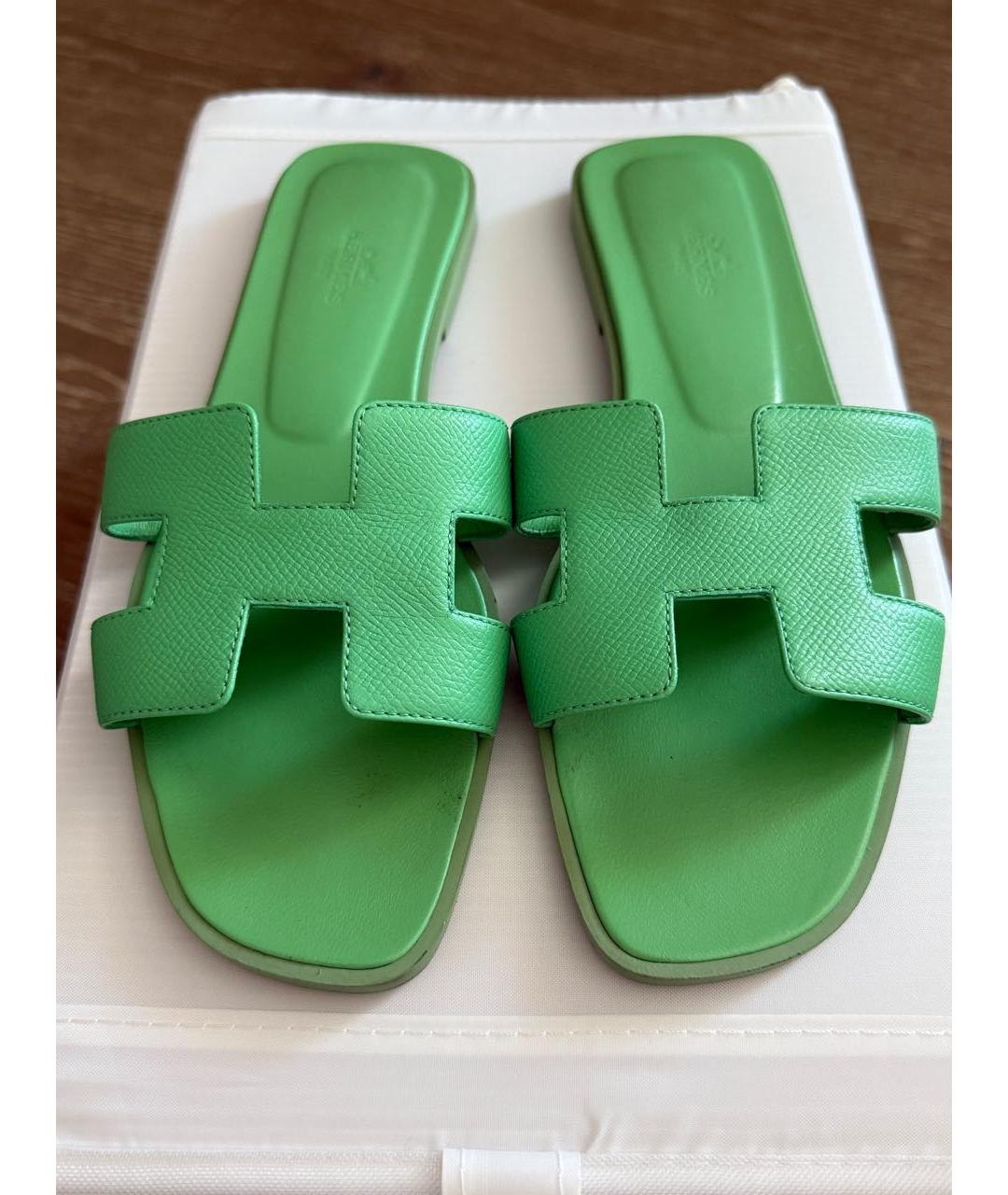 HERMES Зеленые кожаные шлепанцы, фото 2