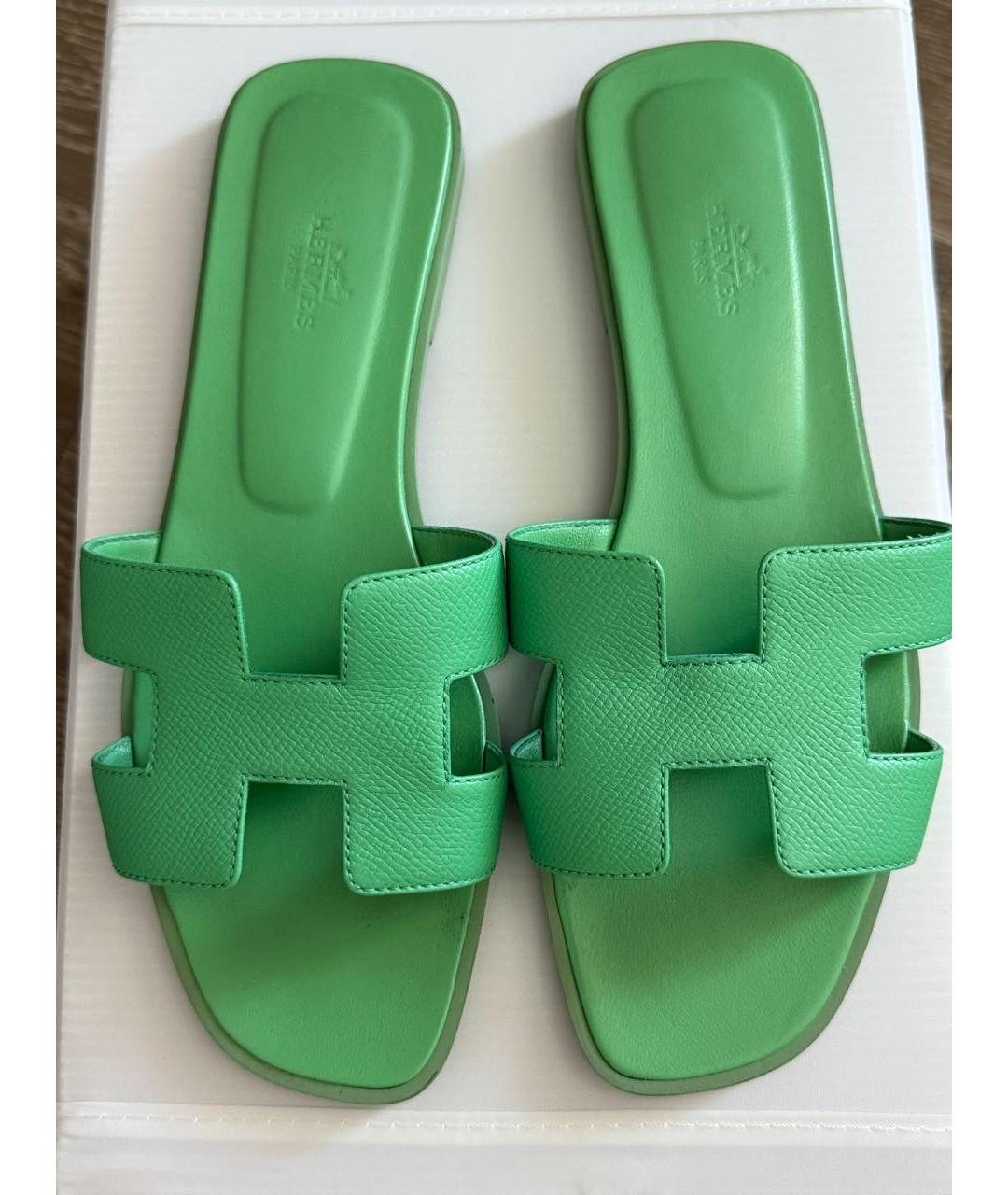 HERMES Зеленые кожаные шлепанцы, фото 3