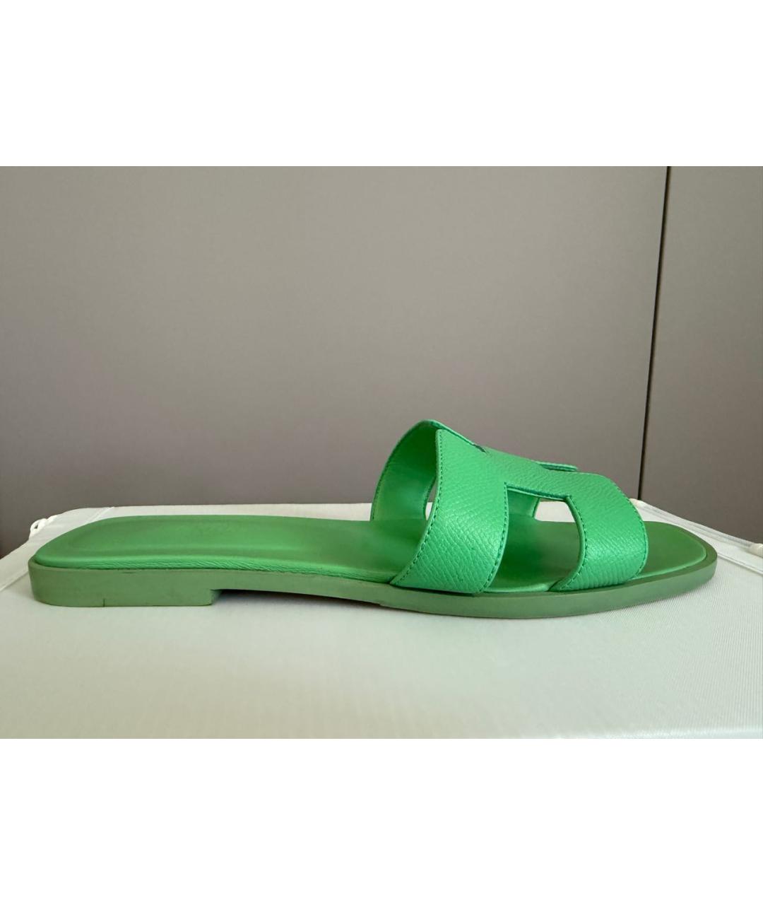 HERMES Зеленые кожаные шлепанцы, фото 9