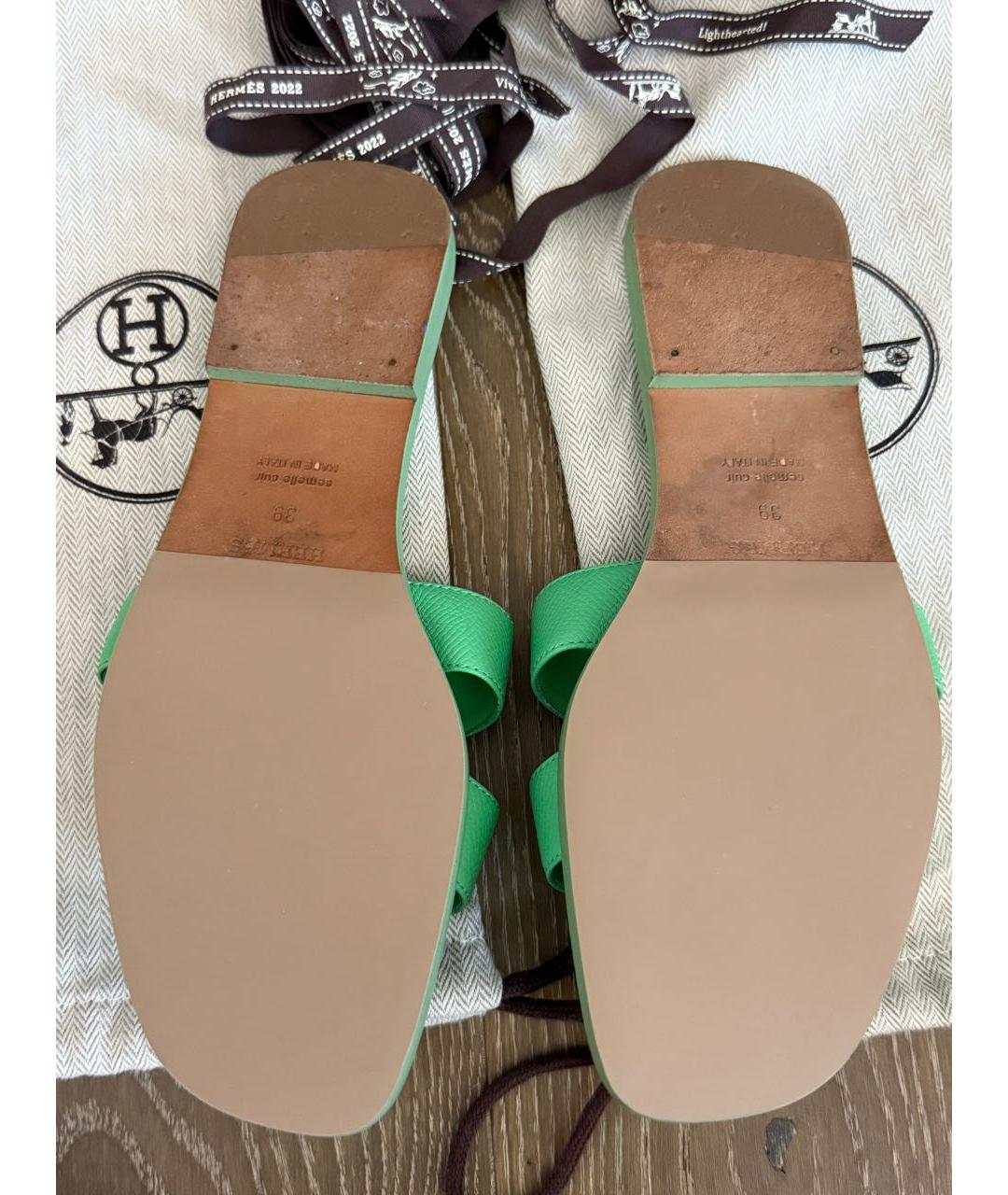 HERMES Зеленые кожаные шлепанцы, фото 7