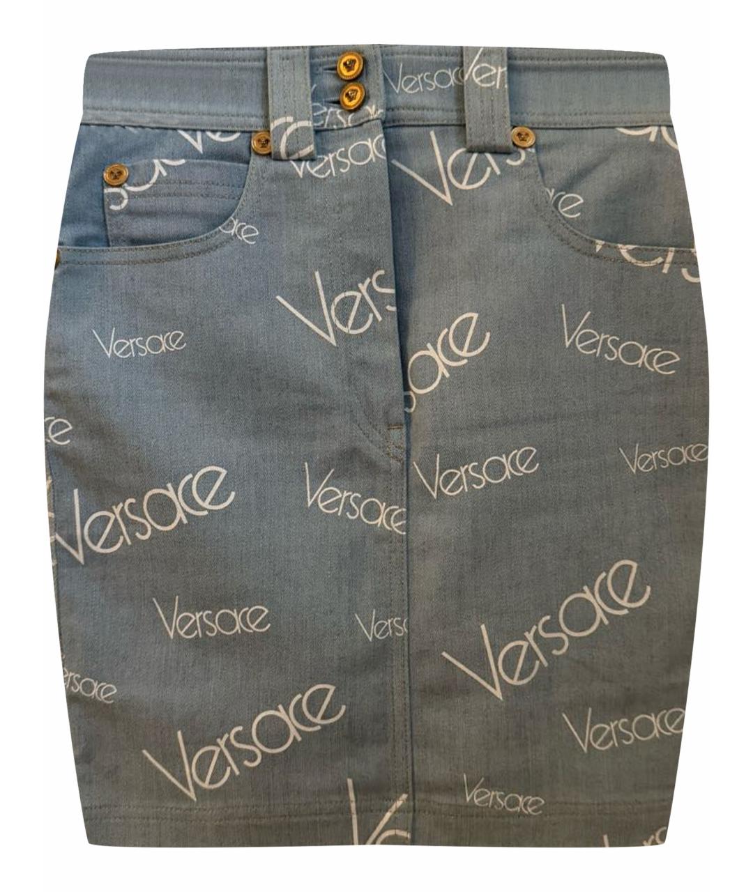 VERSACE Голубая хлопковая юбка мини, фото 1