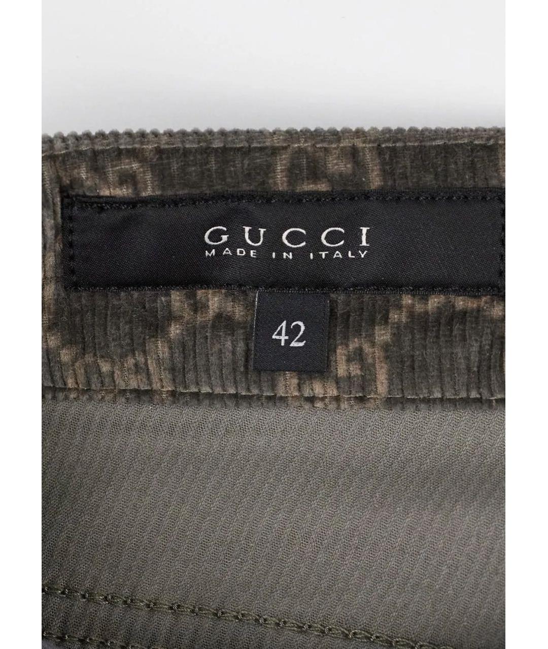 GUCCI Хаки хлопко-эластановые прямые брюки, фото 4