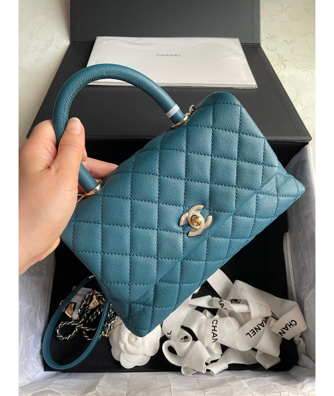CHANEL Голубая кожаная сумка тоут, фото 2