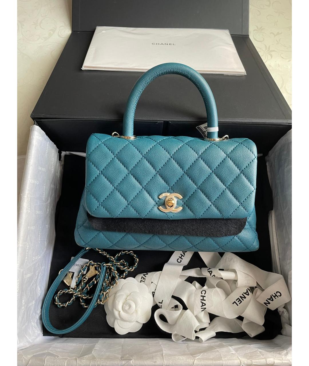 CHANEL Голубая кожаная сумка тоут, фото 7