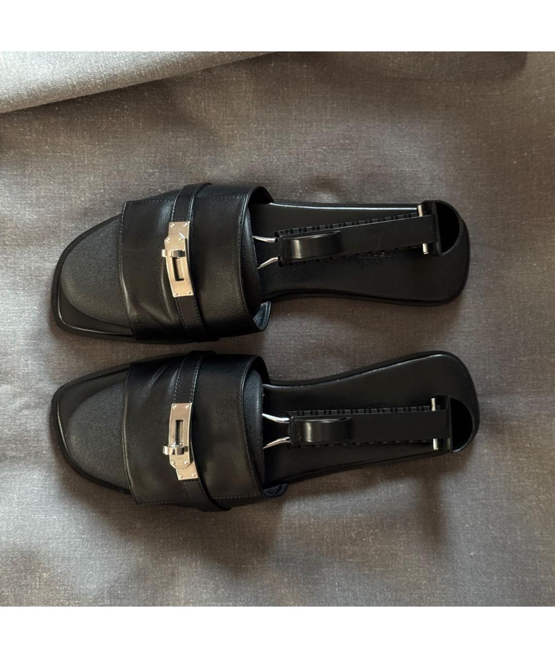 HERMES Черные кожаные шлепанцы, фото 2