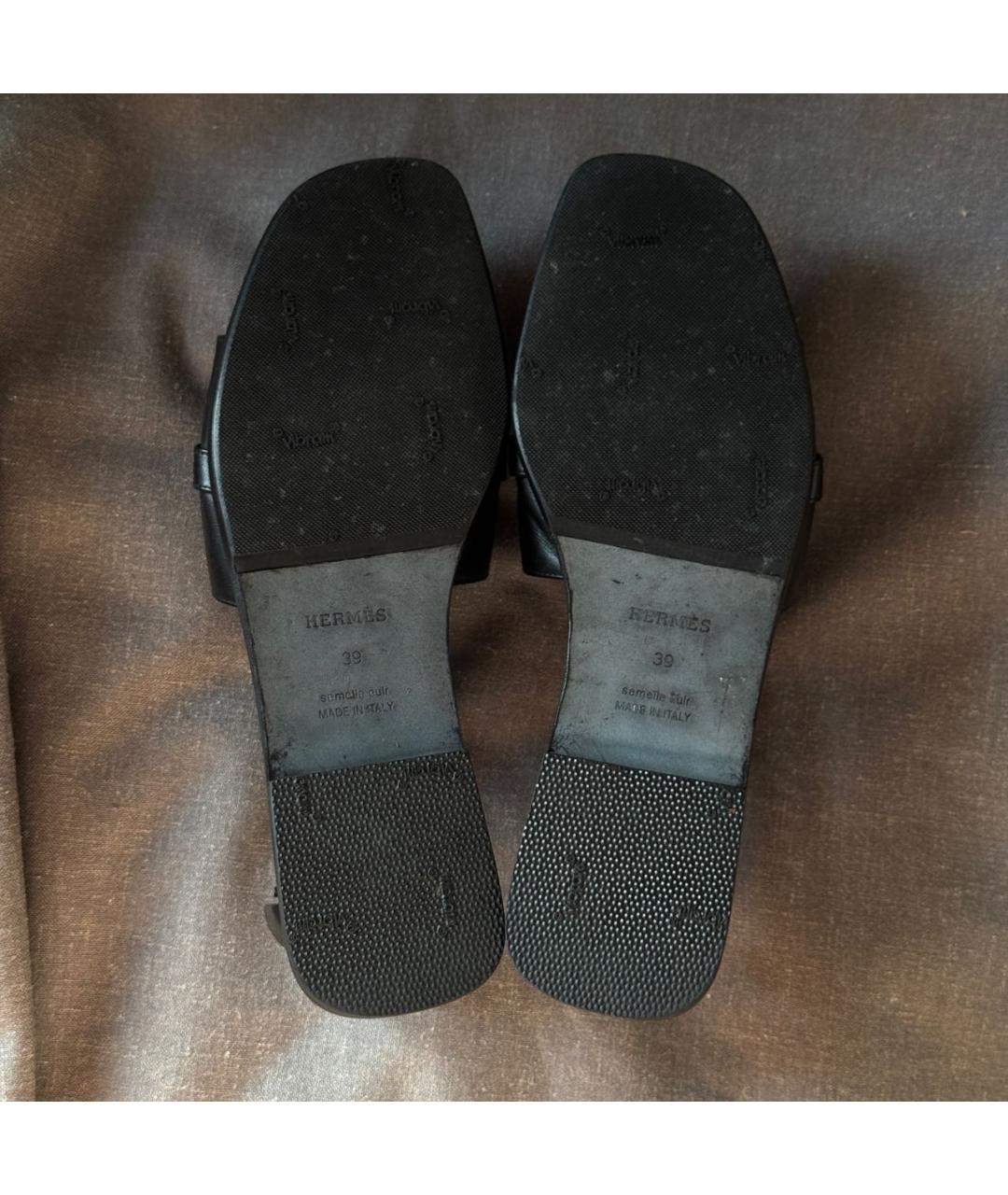 HERMES Черные кожаные шлепанцы, фото 7