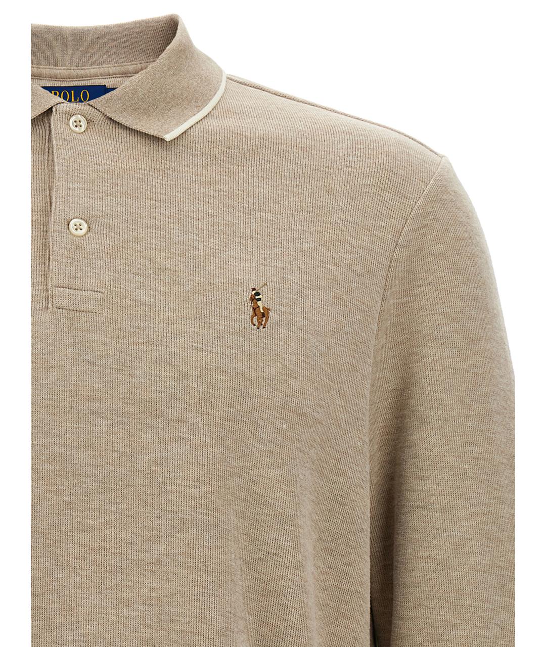POLO RALPH LAUREN Бежевое хлопковое поло с длинным рукавом, фото 3