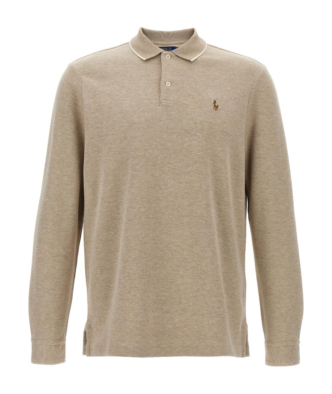 POLO RALPH LAUREN Бежевое хлопковое поло с длинным рукавом, фото 1