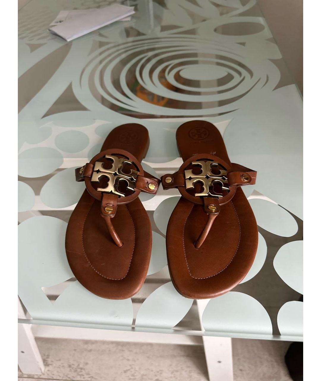 TORY BURCH Коричневые кожаные шлепанцы, фото 2