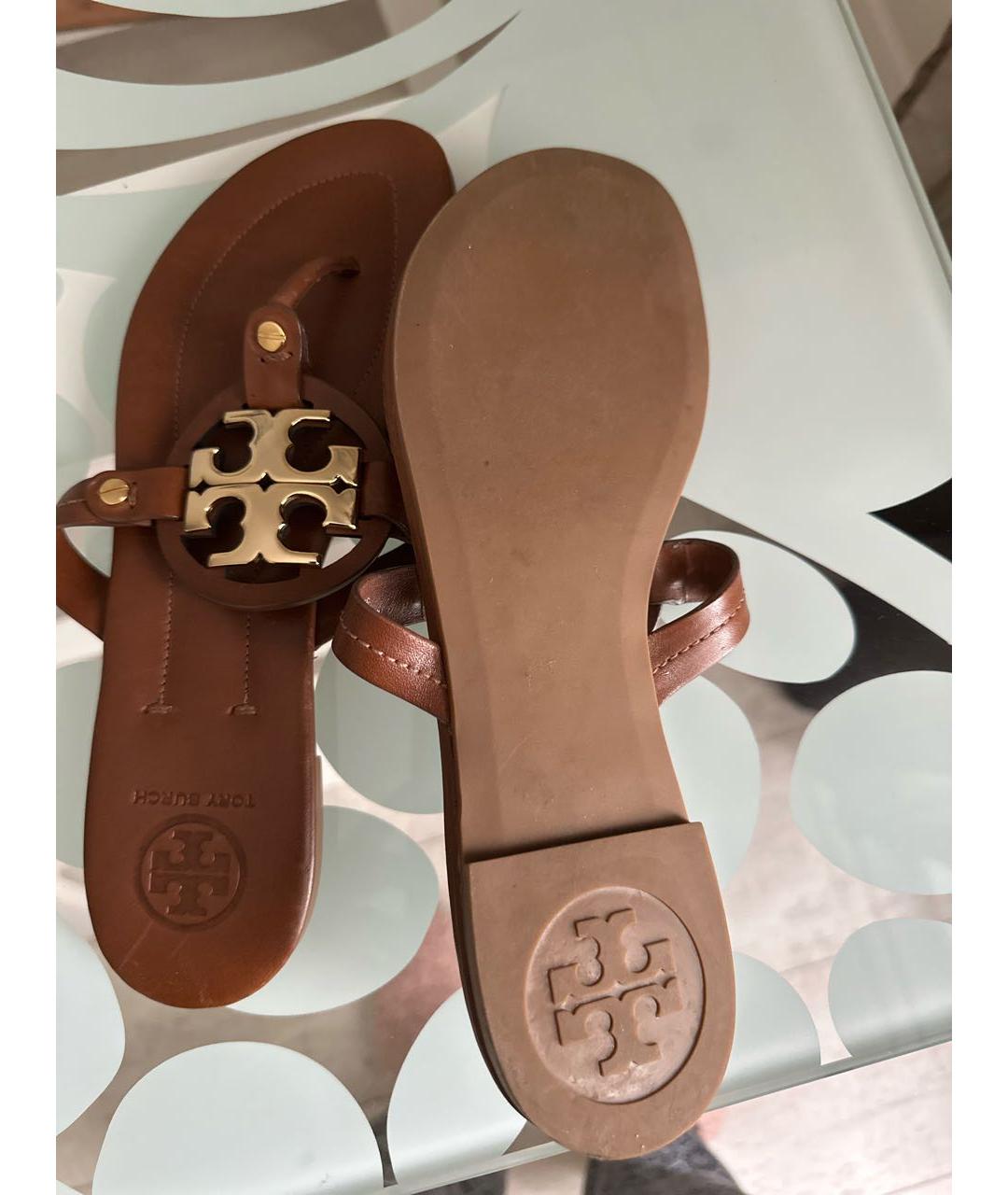 TORY BURCH Коричневые кожаные шлепанцы, фото 6