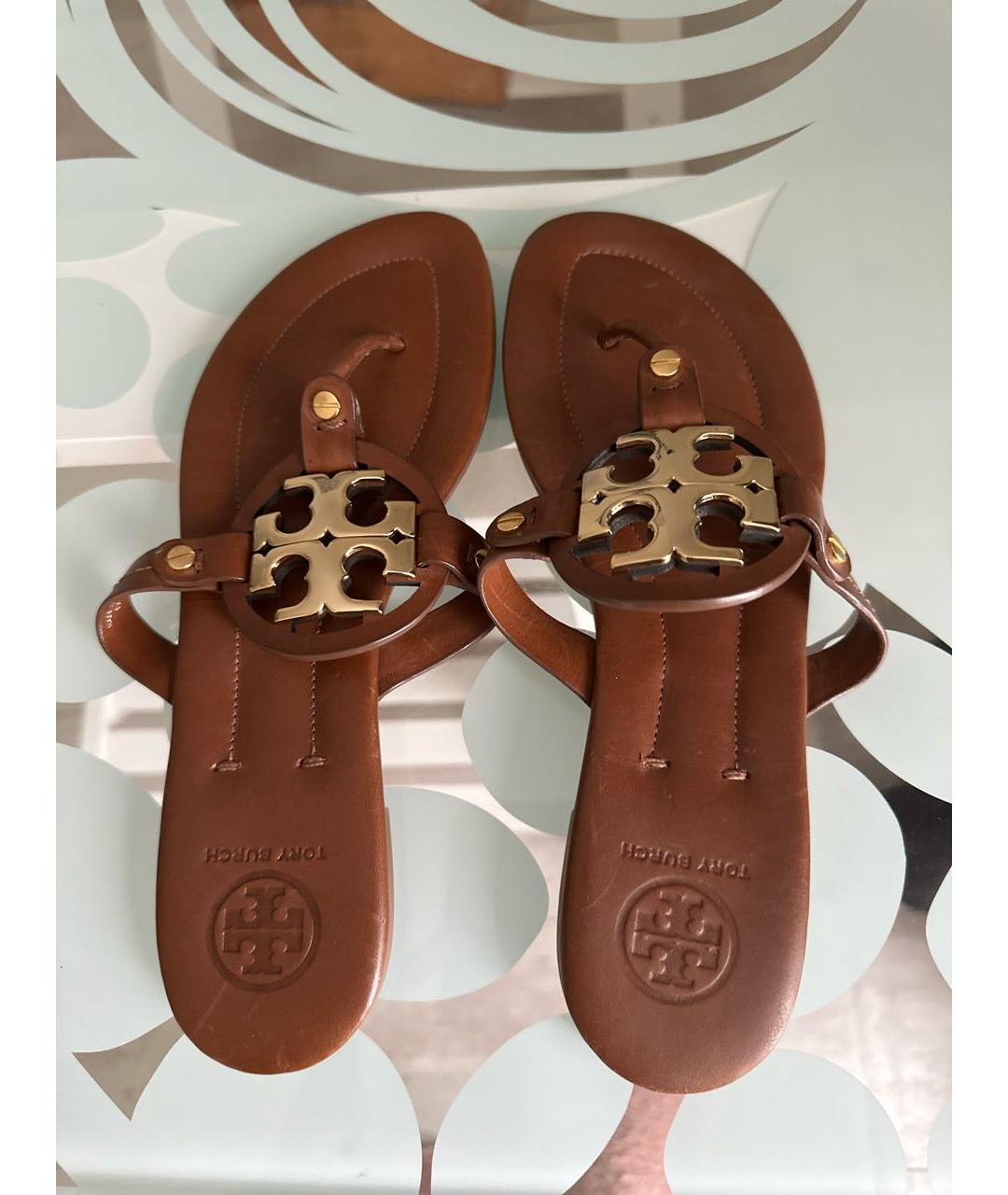 TORY BURCH Коричневые кожаные шлепанцы, фото 5