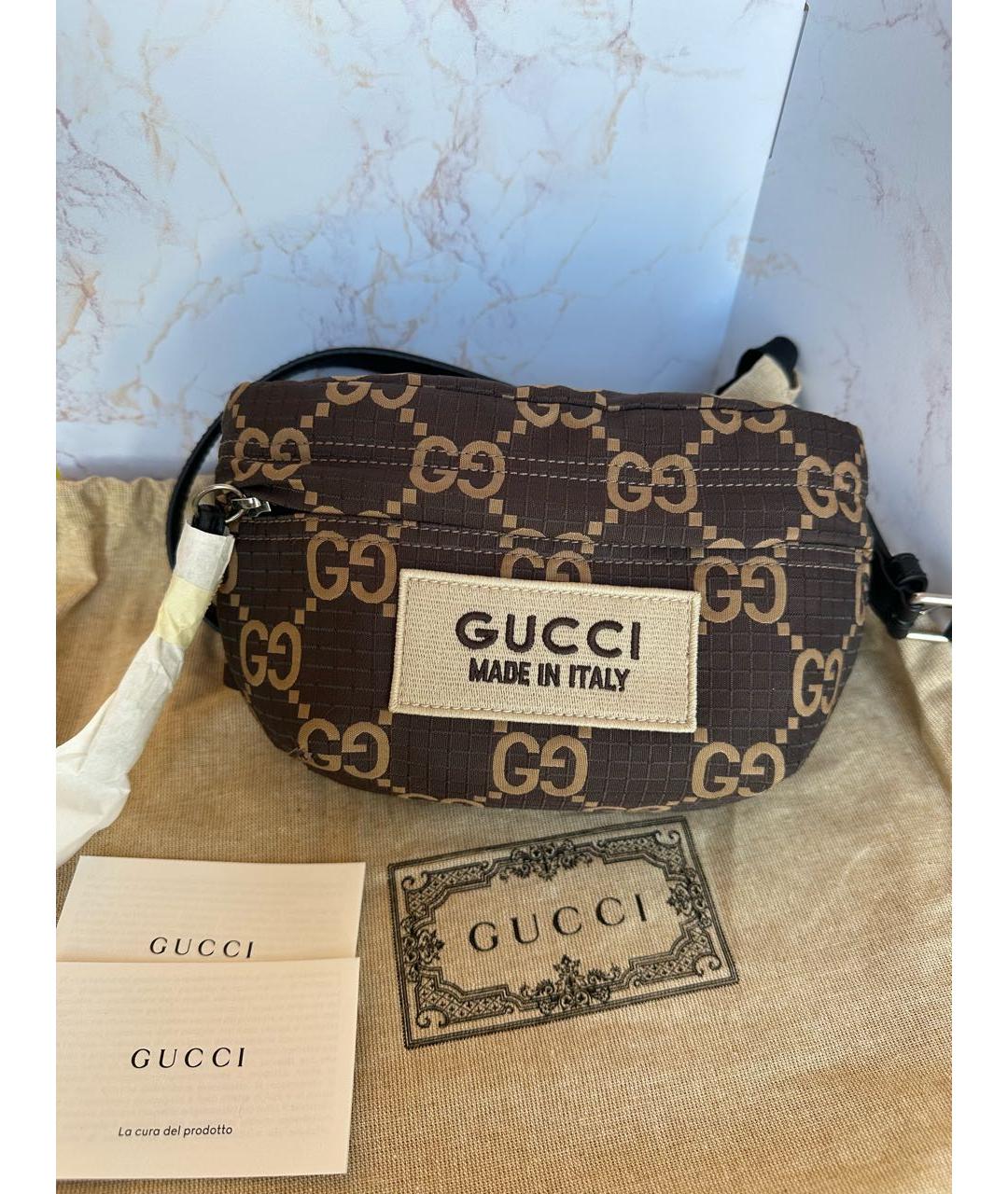 GUCCI Коричневая тканевая поясная сумка, фото 4