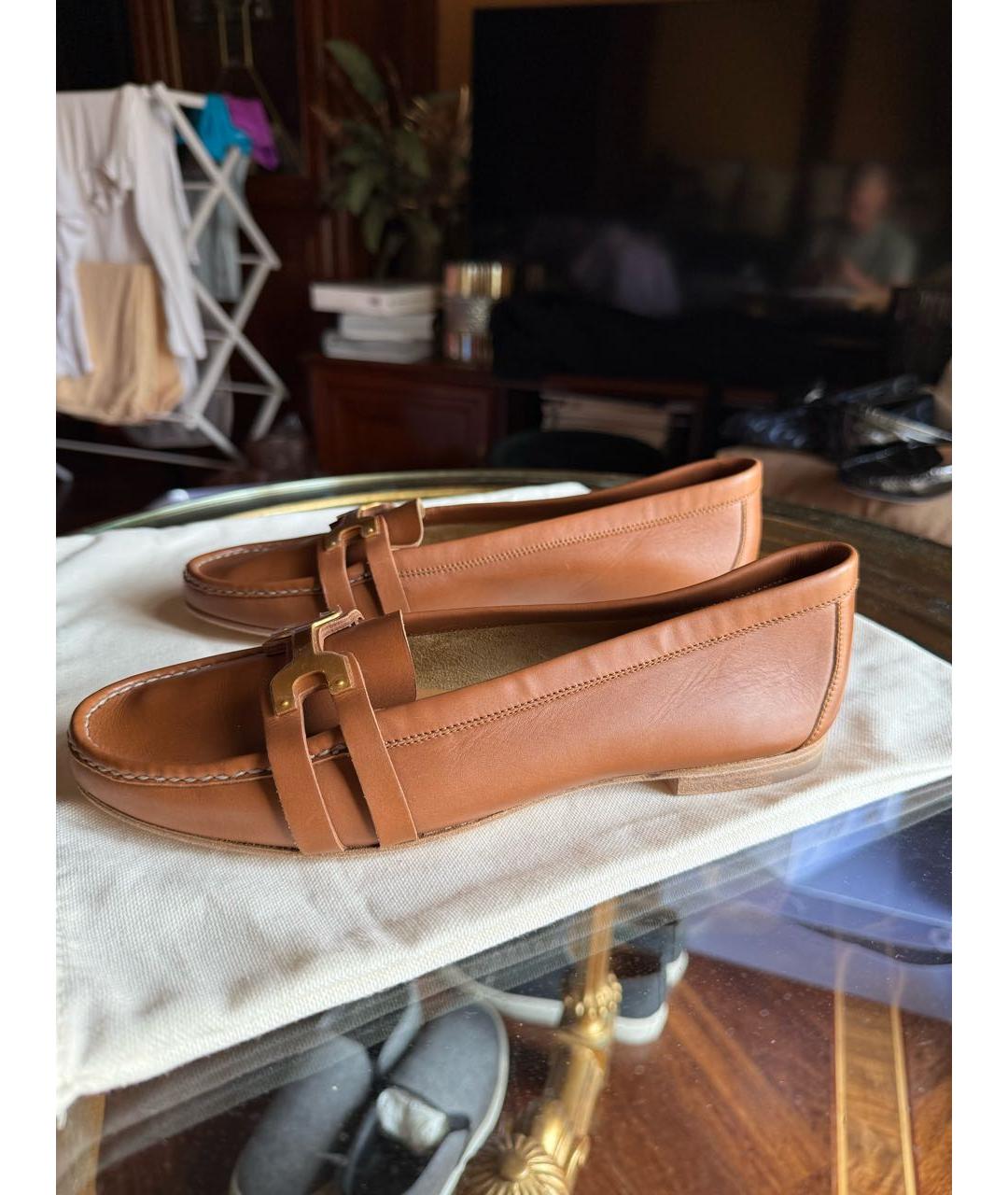 HERMES Коричневые кожаные лодочки на низком каблуке, фото 7