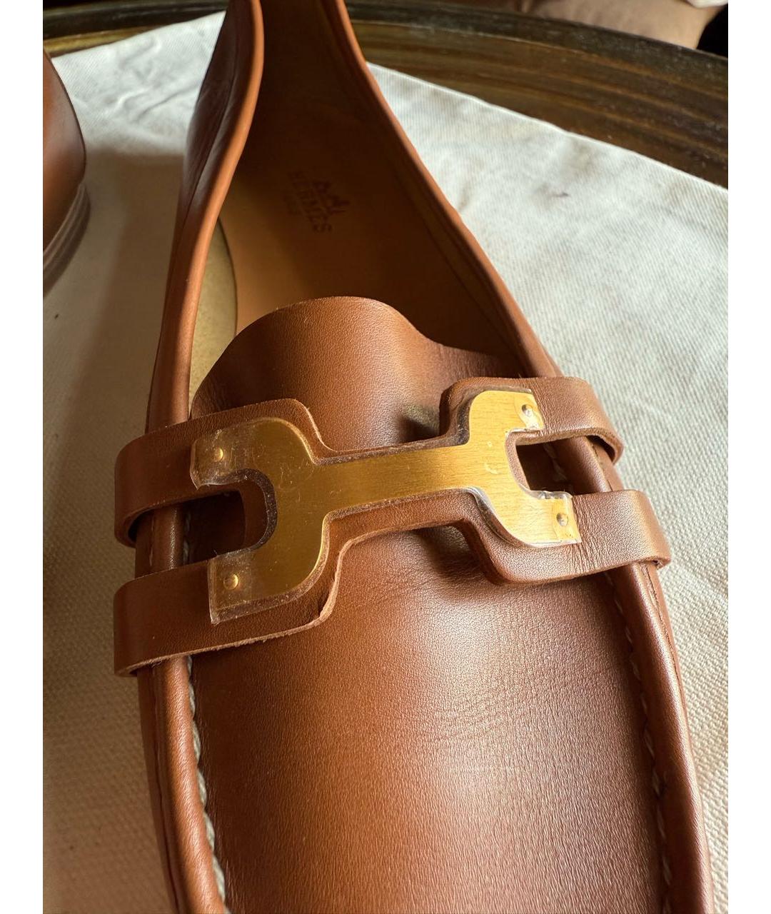 HERMES Коричневые кожаные лодочки на низком каблуке, фото 3