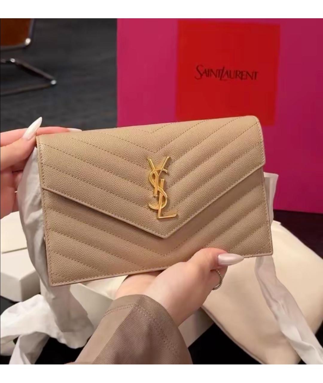 SAINT LAURENT Бежевая кожаная сумка через плечо, фото 6