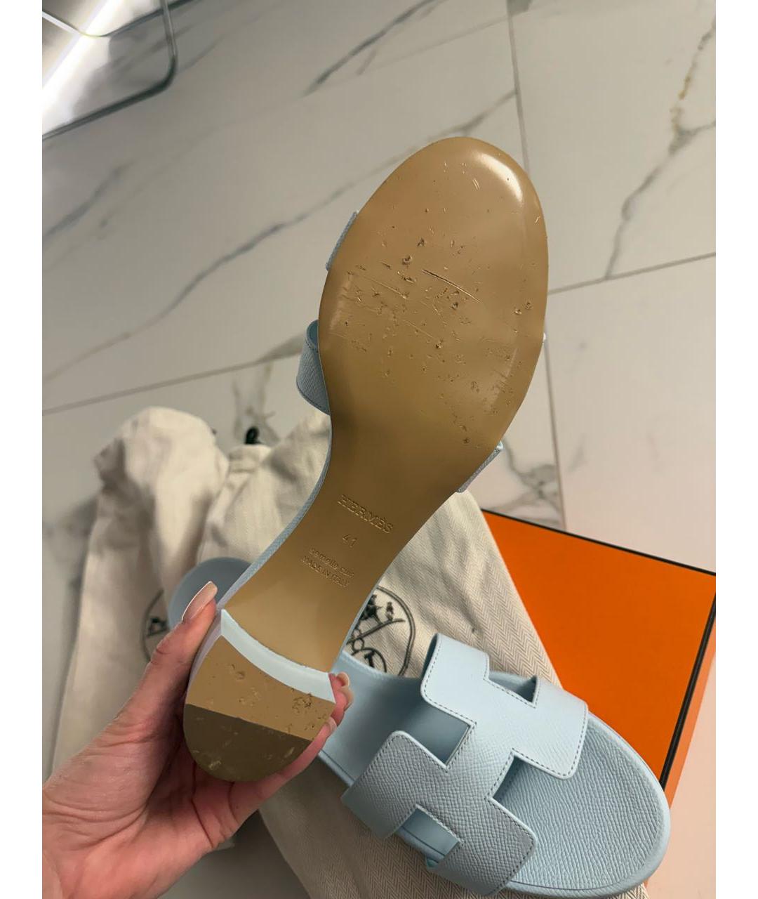 HERMES Голубые кожаные мюли, фото 7