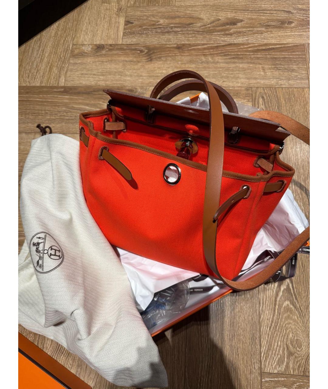HERMES Оранжевая тканевая сумка тоут, фото 5