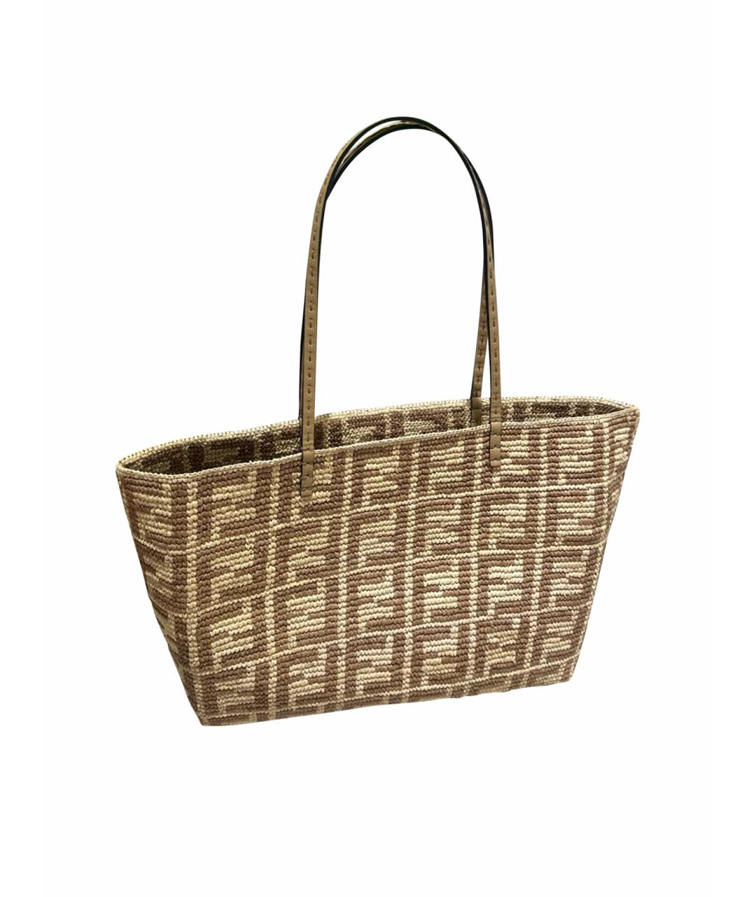 FENDI Бежевая пелетеная пляжная сумка, фото 1