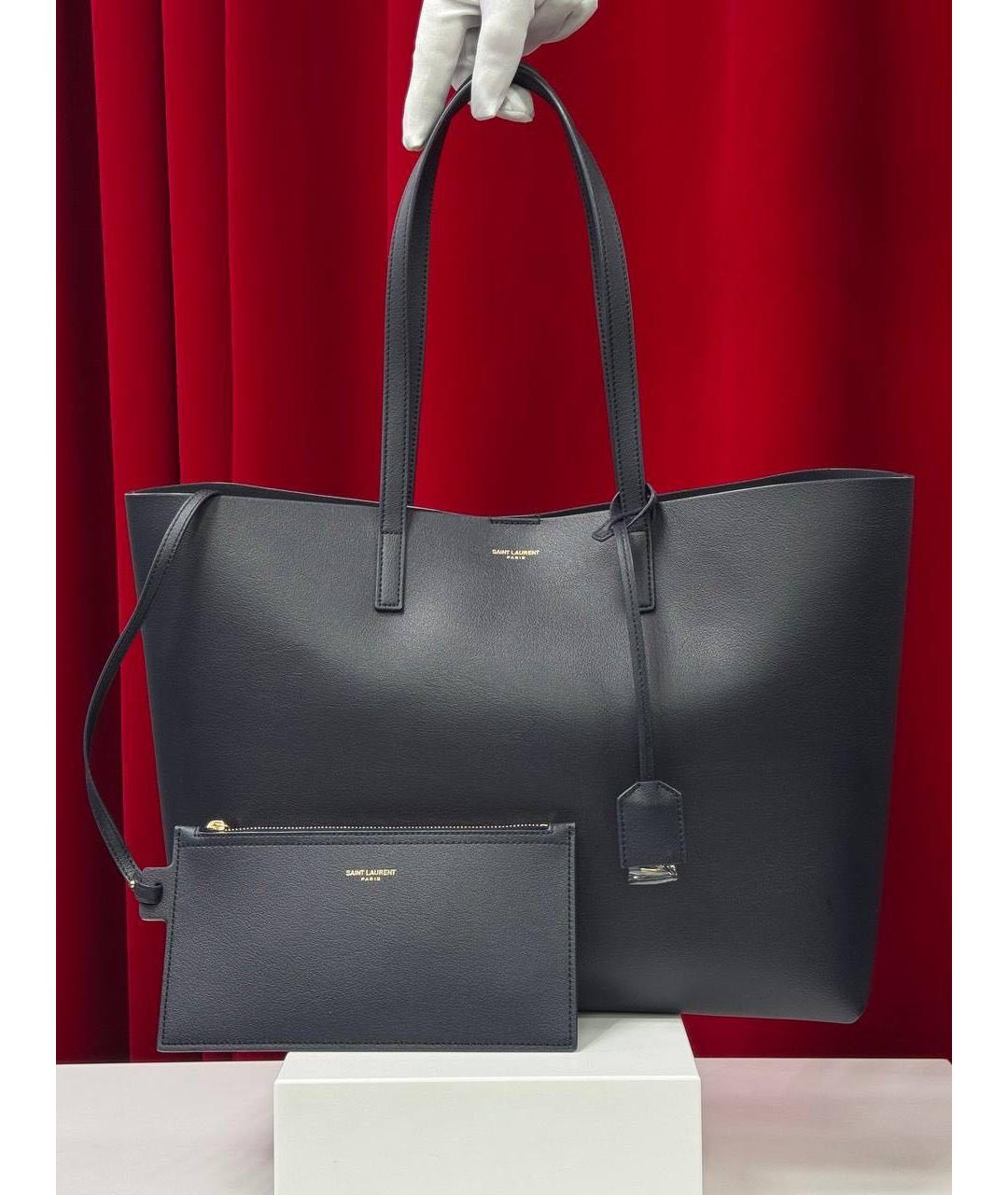 SAINT LAURENT Темно-синяя кожаная сумка тоут, фото 3