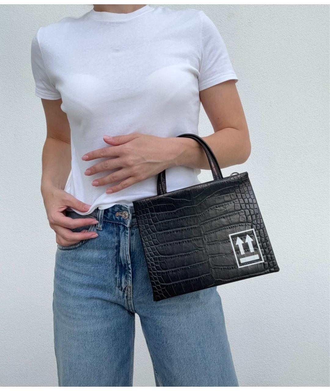 OFF-WHITE Черная кожаная сумка с короткими ручками, фото 5