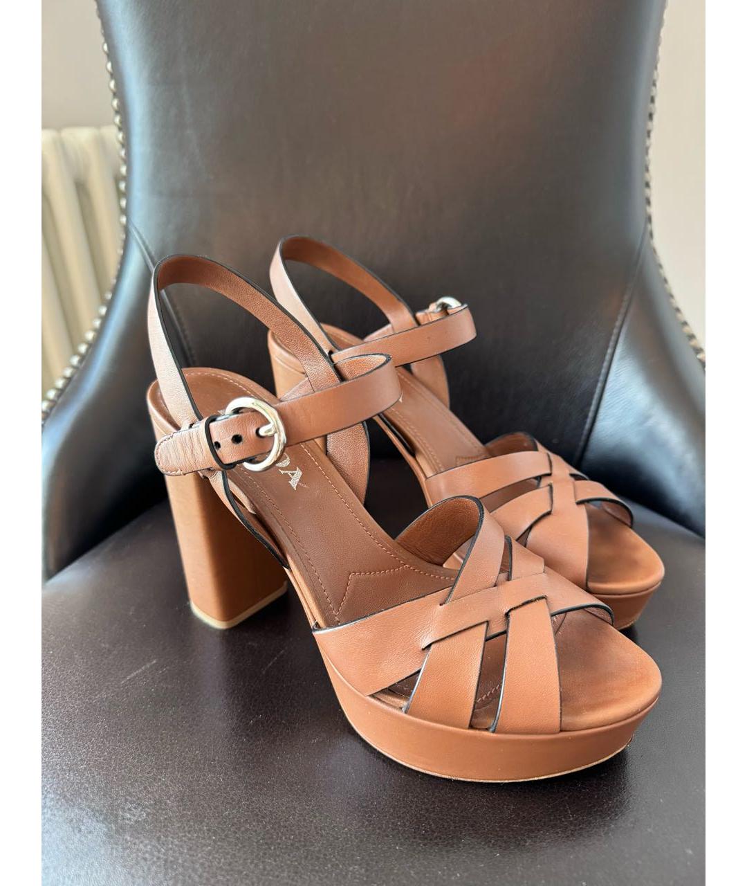 PRADA Коричневые кожаные босоножки, фото 2