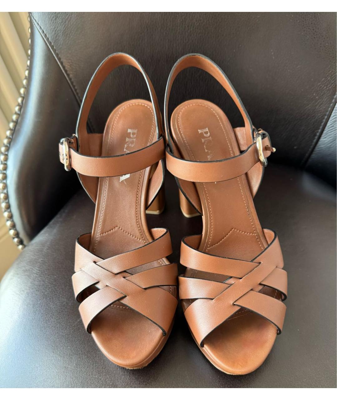 PRADA Коричневые кожаные босоножки, фото 7