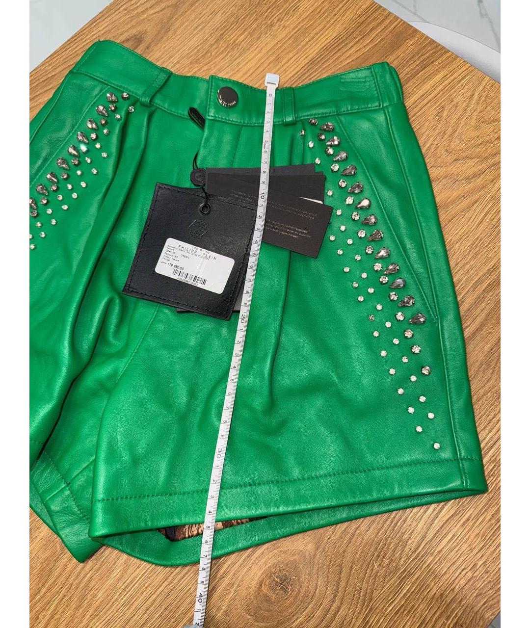 PHILIPP PLEIN Зеленые кожаные шорты, фото 7
