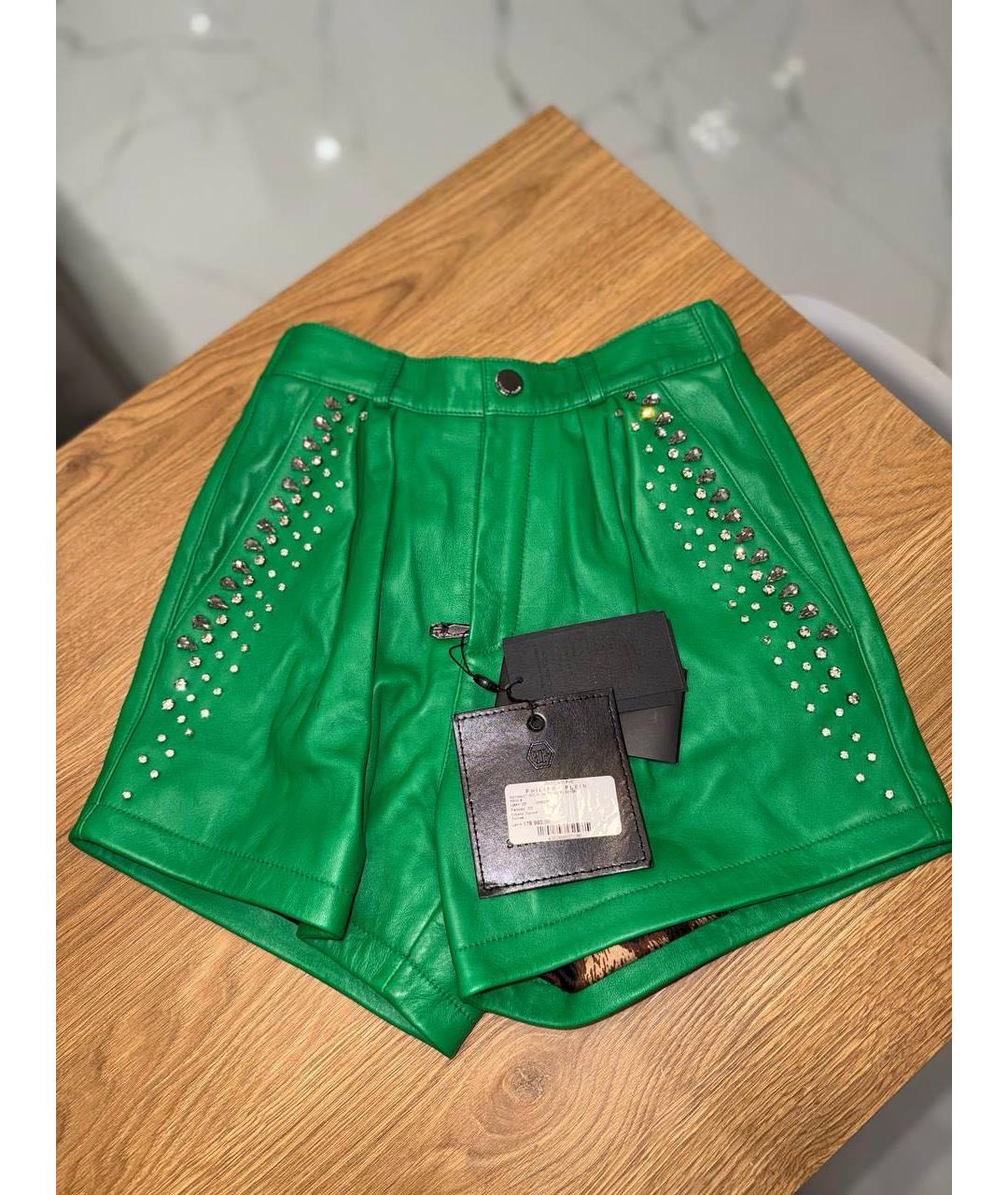 PHILIPP PLEIN Зеленые кожаные шорты, фото 2