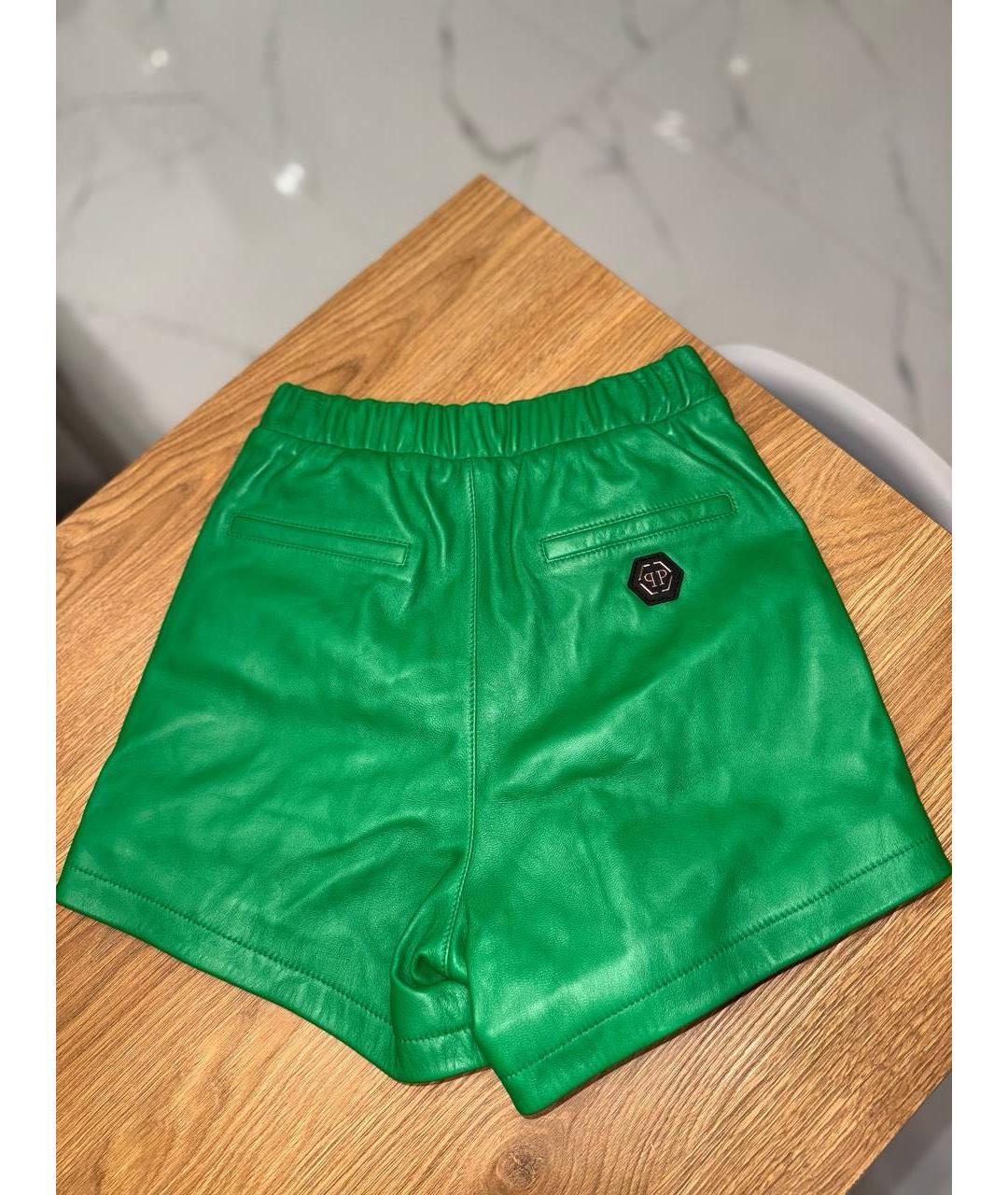 PHILIPP PLEIN Зеленые кожаные шорты, фото 3