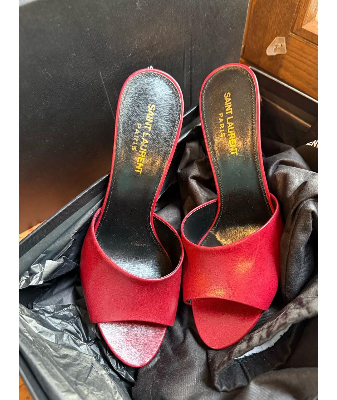 SAINT LAURENT Бордовые кожаные мюли, фото 2