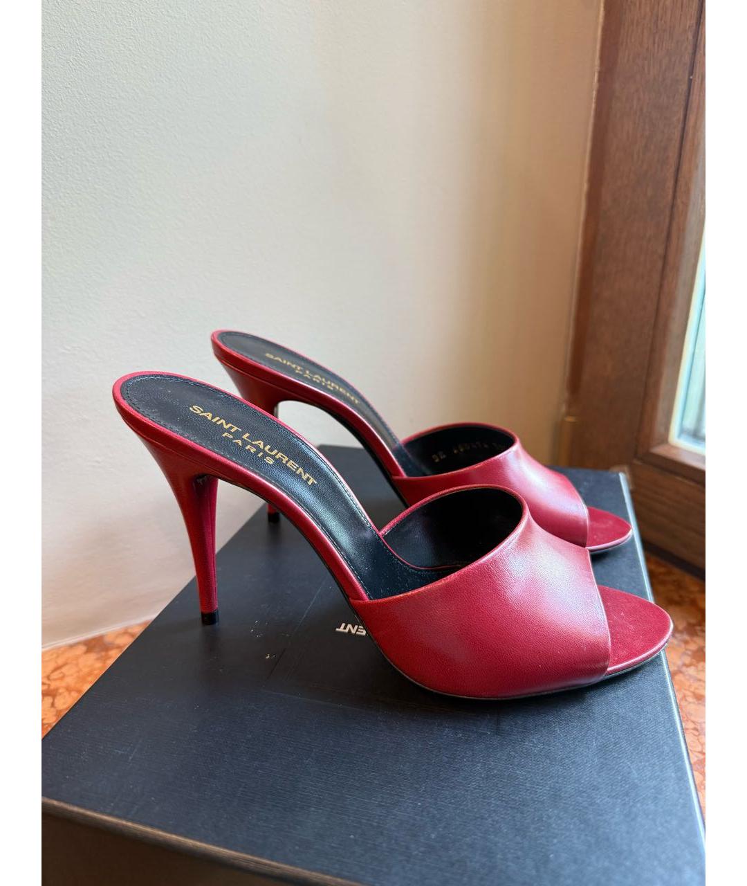 SAINT LAURENT Бордовые кожаные мюли, фото 3