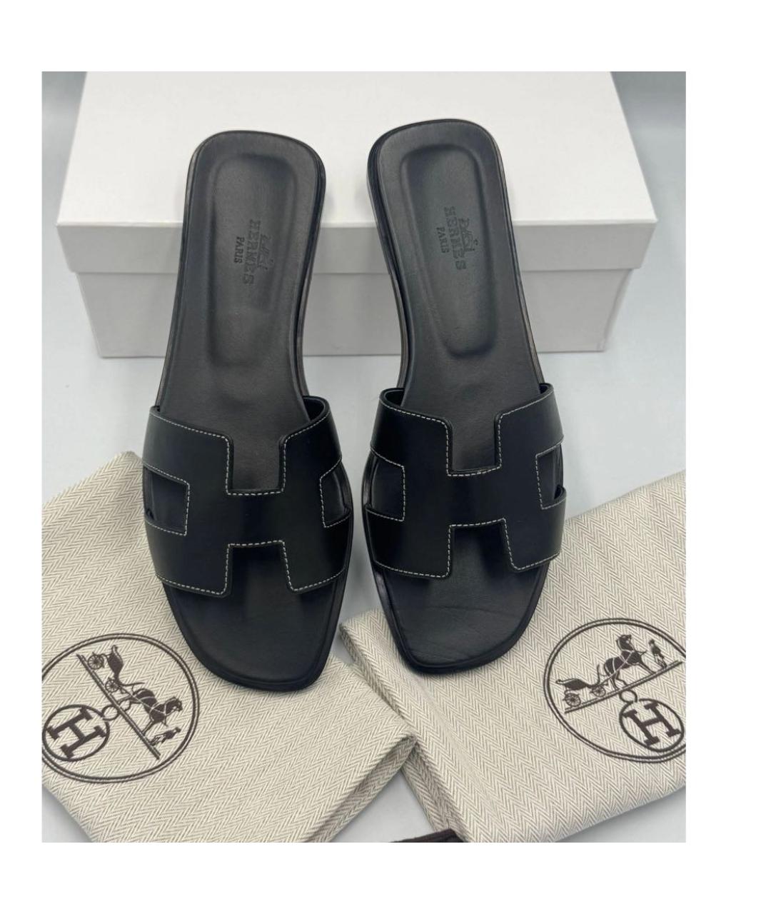 HERMES Черные кожаные сандалии, фото 2