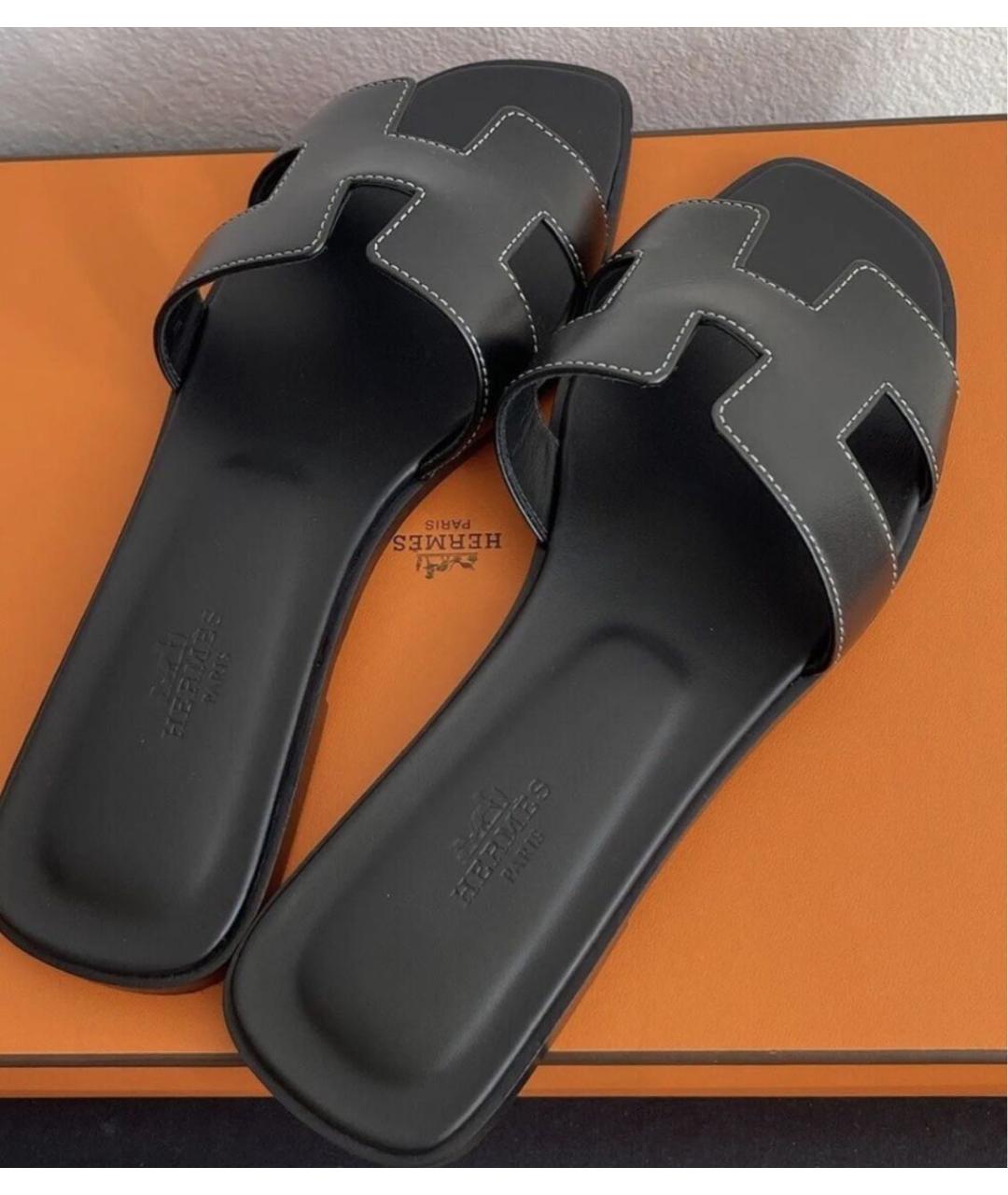 HERMES Черные кожаные сандалии, фото 4