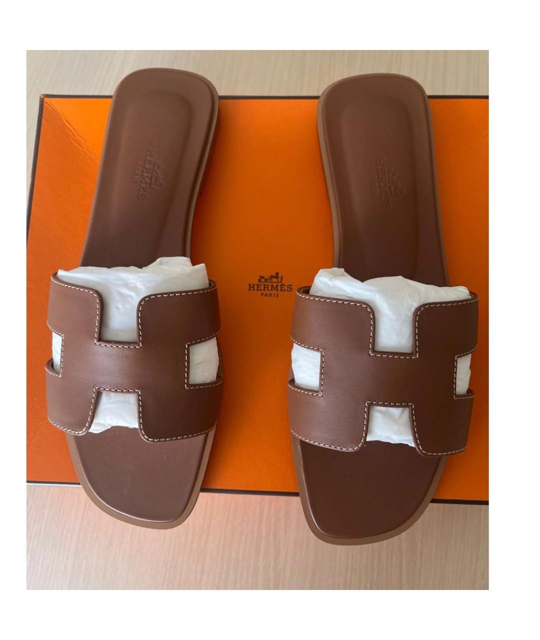 HERMES Коричневые кожаные сандалии, фото 6