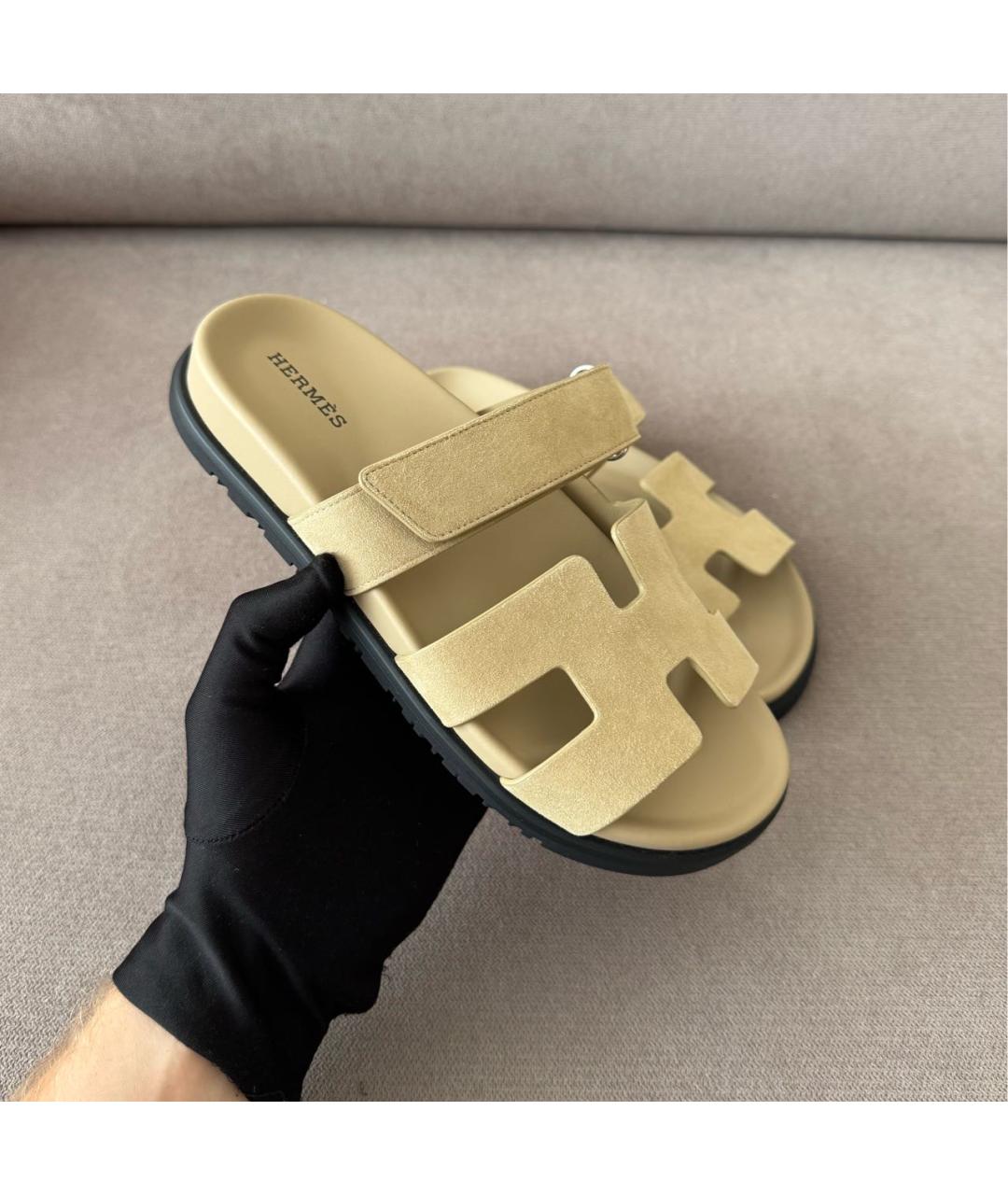 HERMES Бежевые замшевые шлепанцы, фото 3