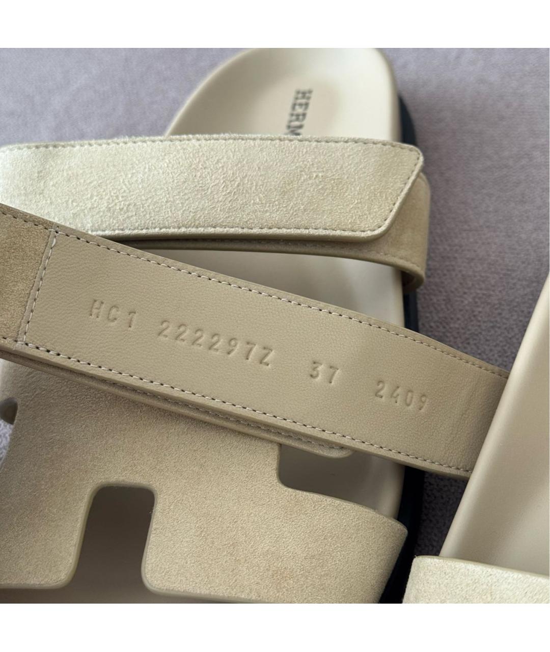 HERMES Бежевые замшевые шлепанцы, фото 6