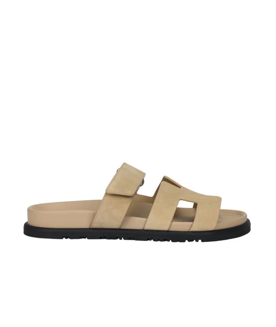 HERMES Бежевые замшевые шлепанцы, фото 1