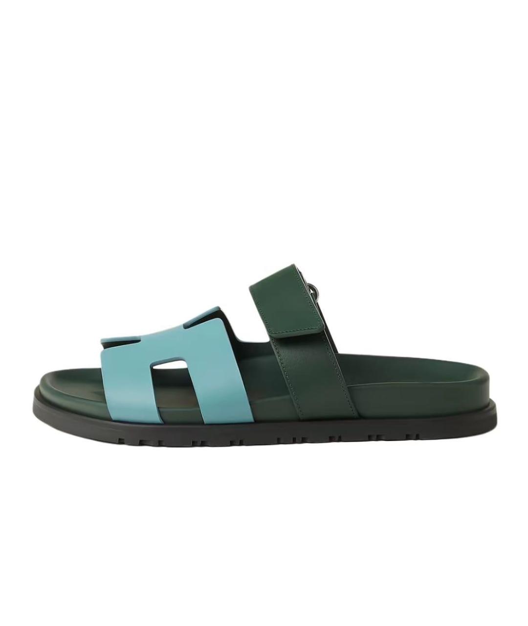 HERMES Зеленые кожаные шлепанцы, фото 1