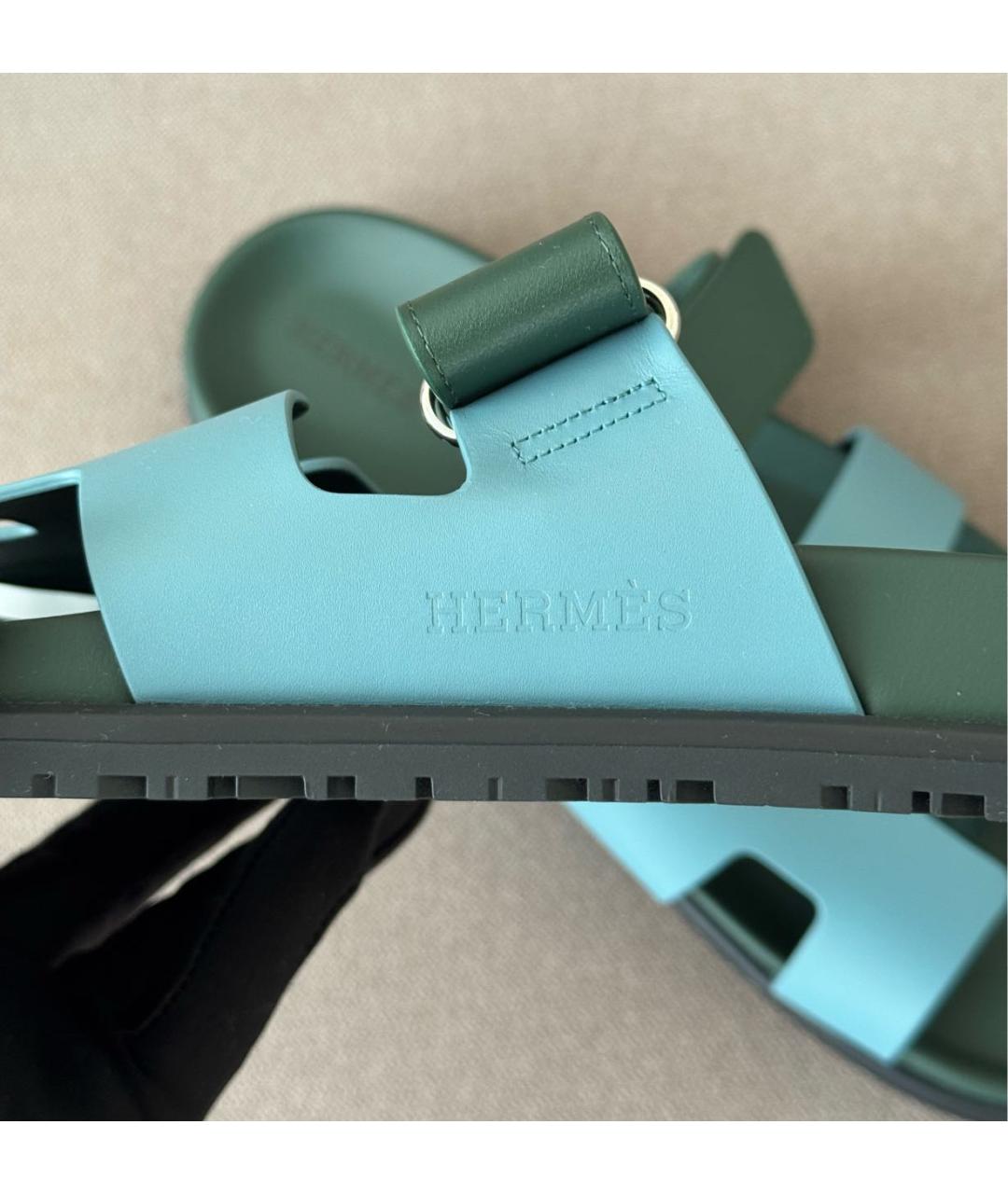 HERMES Зеленые кожаные шлепанцы, фото 5