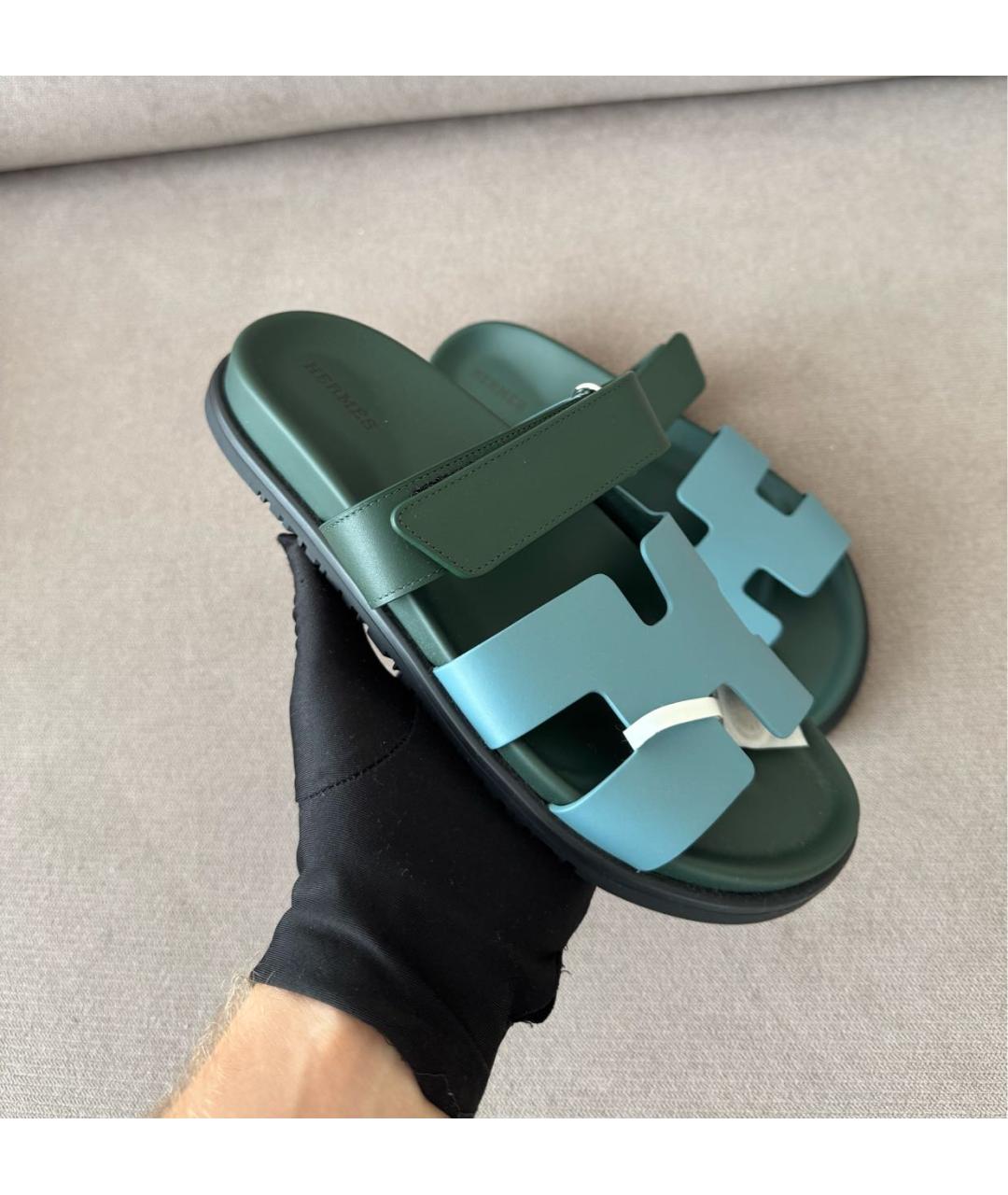HERMES Зеленые кожаные шлепанцы, фото 2