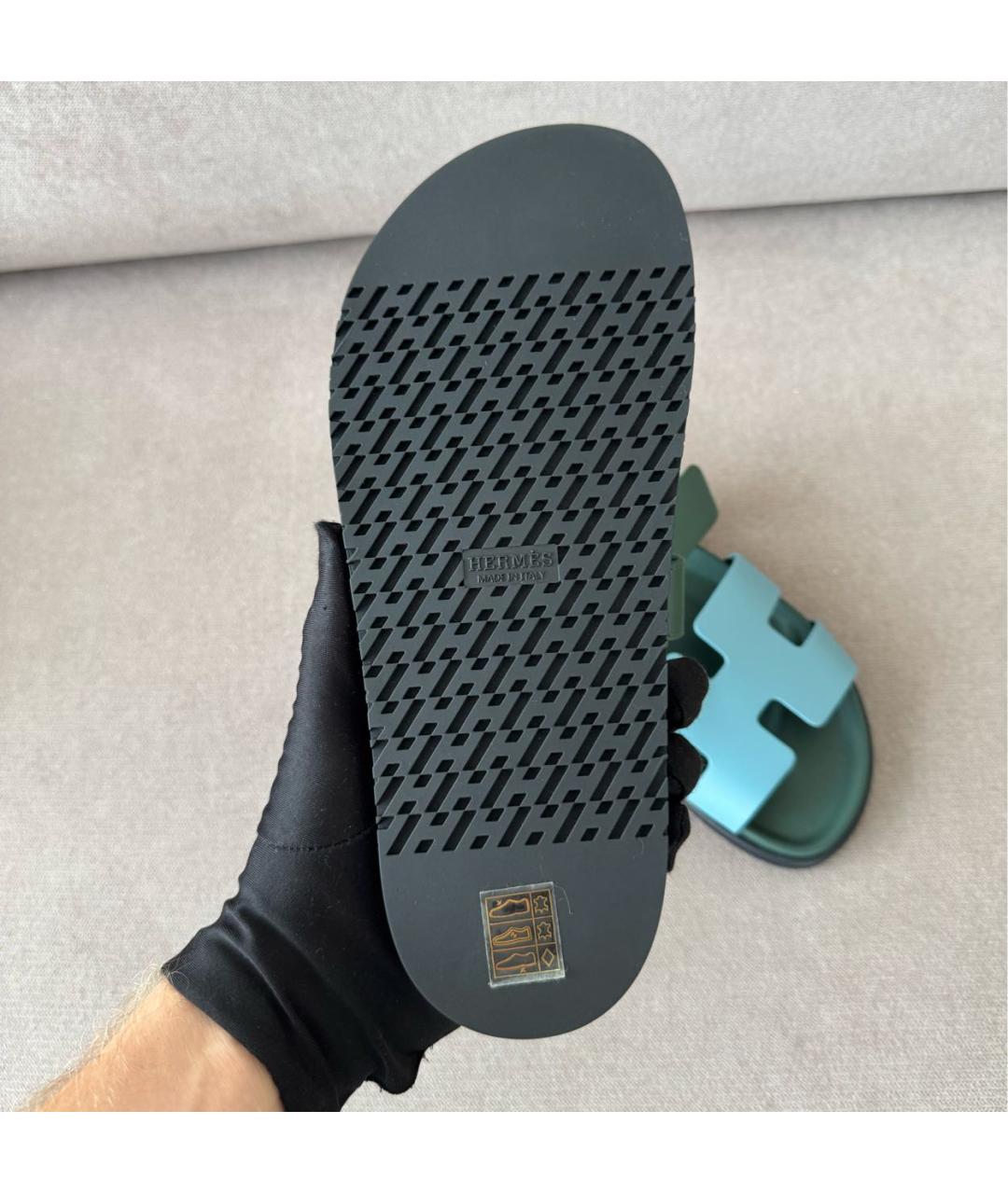HERMES Зеленые кожаные шлепанцы, фото 6