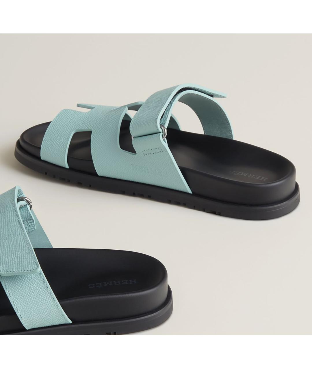 HERMES Бирюзовые кожаные шлепанцы, фото 4