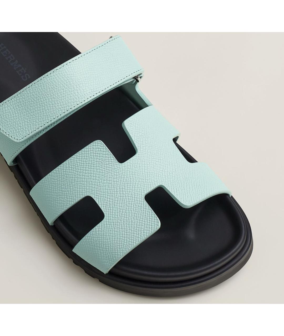 HERMES Бирюзовые кожаные шлепанцы, фото 5