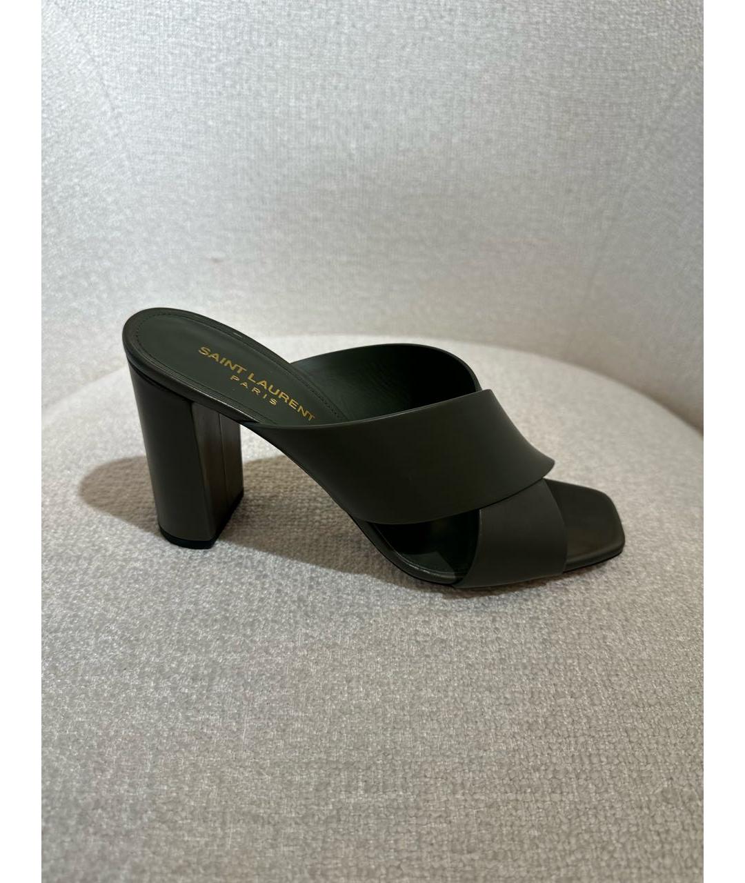 SAINT LAURENT Хаки кожаные мюли, фото 6